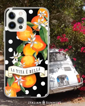 iPhone Case SICILIAN GARDEN white polka dots, Sicilian oranges, La Vita E' Bella