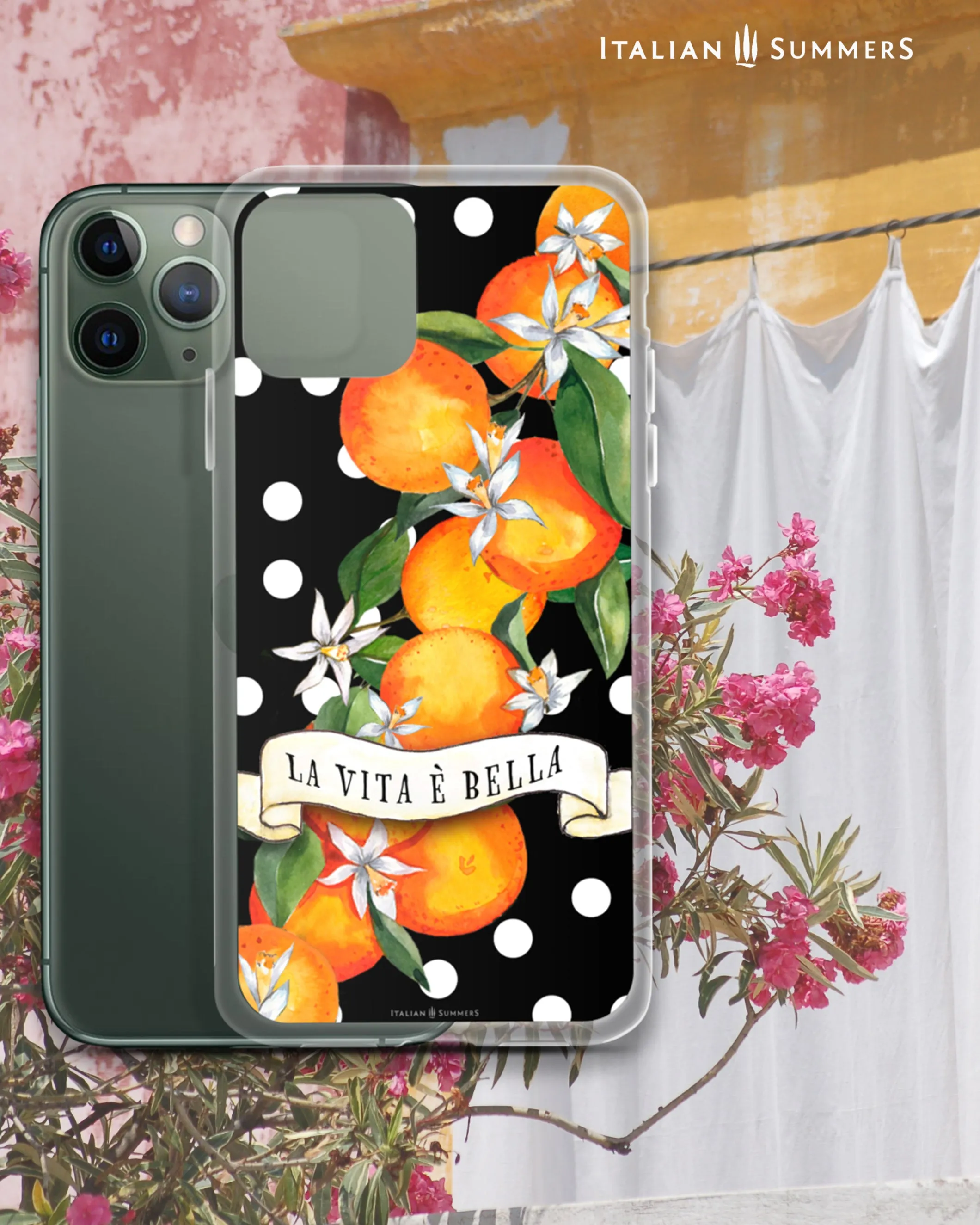 iPhone Case SICILIAN GARDEN white polka dots, Sicilian oranges, La Vita E' Bella