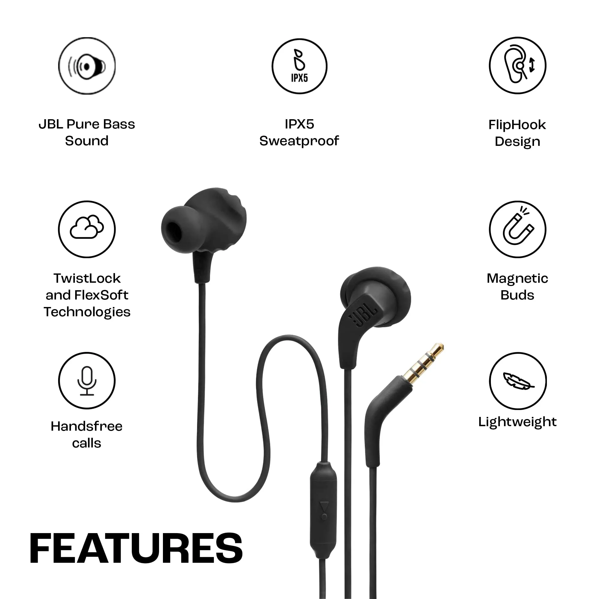 JBL Endurance Run 2, Sports in Ear Wired Earphones with Mic, Pure Bass, Sweatproof, Flexsoft eartips, Magnetic Earbuds, Fliphook & TwistLock Technology with Voice Assistant Support for Mobiles (Black)