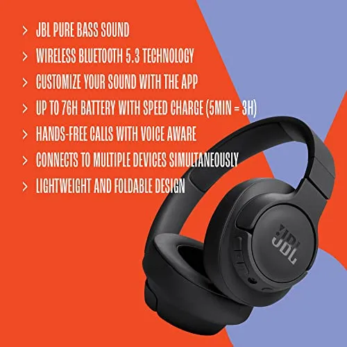 JBL Tune 720BT Wireless Over Ear Headphones with Mic, Pure Bass Sound, Upto 76 Hrs Playtime, Speedcharge, Dual Pairing, Customizable Bass with Headphones App, Lightweight, Bluetooth 5.3 (Black)