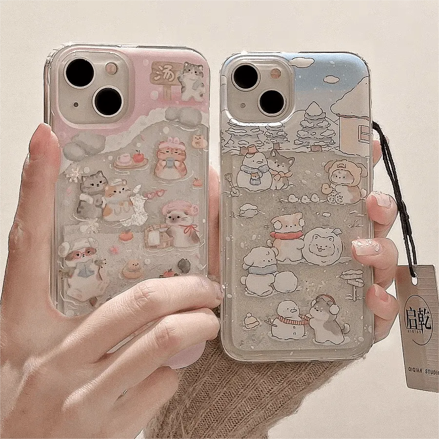 Kawaii Floating Snow Kitten Puppy Sticker iPhone Case