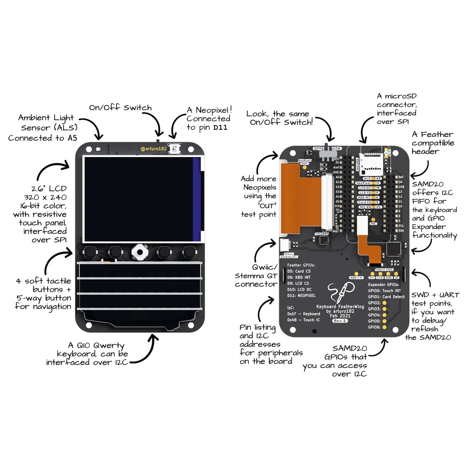 Keyboard FeatherWing - QWERTY Keyboard   2.6" LCD