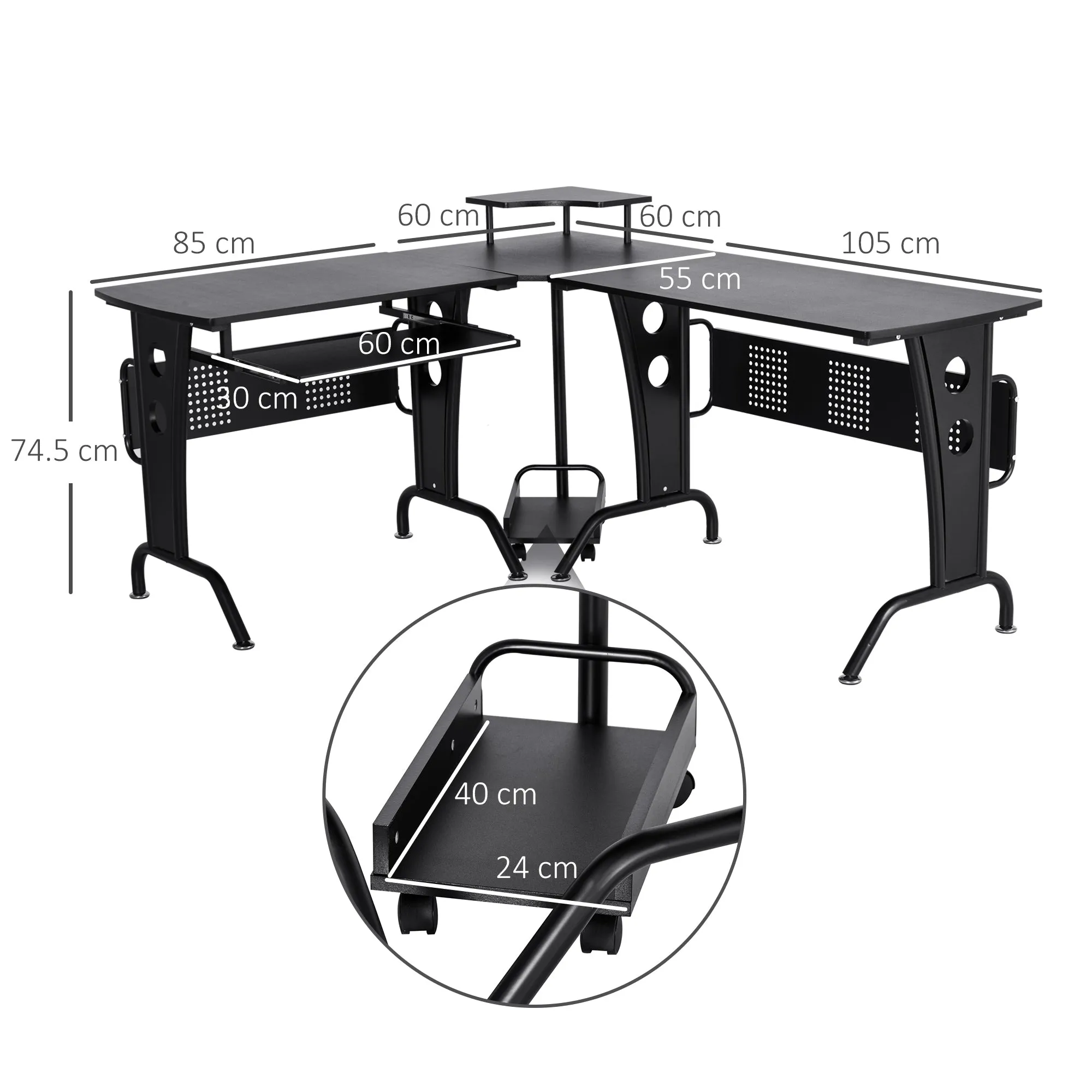 L-Shaped Corner Work Desk Gaming Office w/ Steel Frame CPU Rack Keyboard Tray Space-Saving Melamine Coating Computer Home Workstation Black