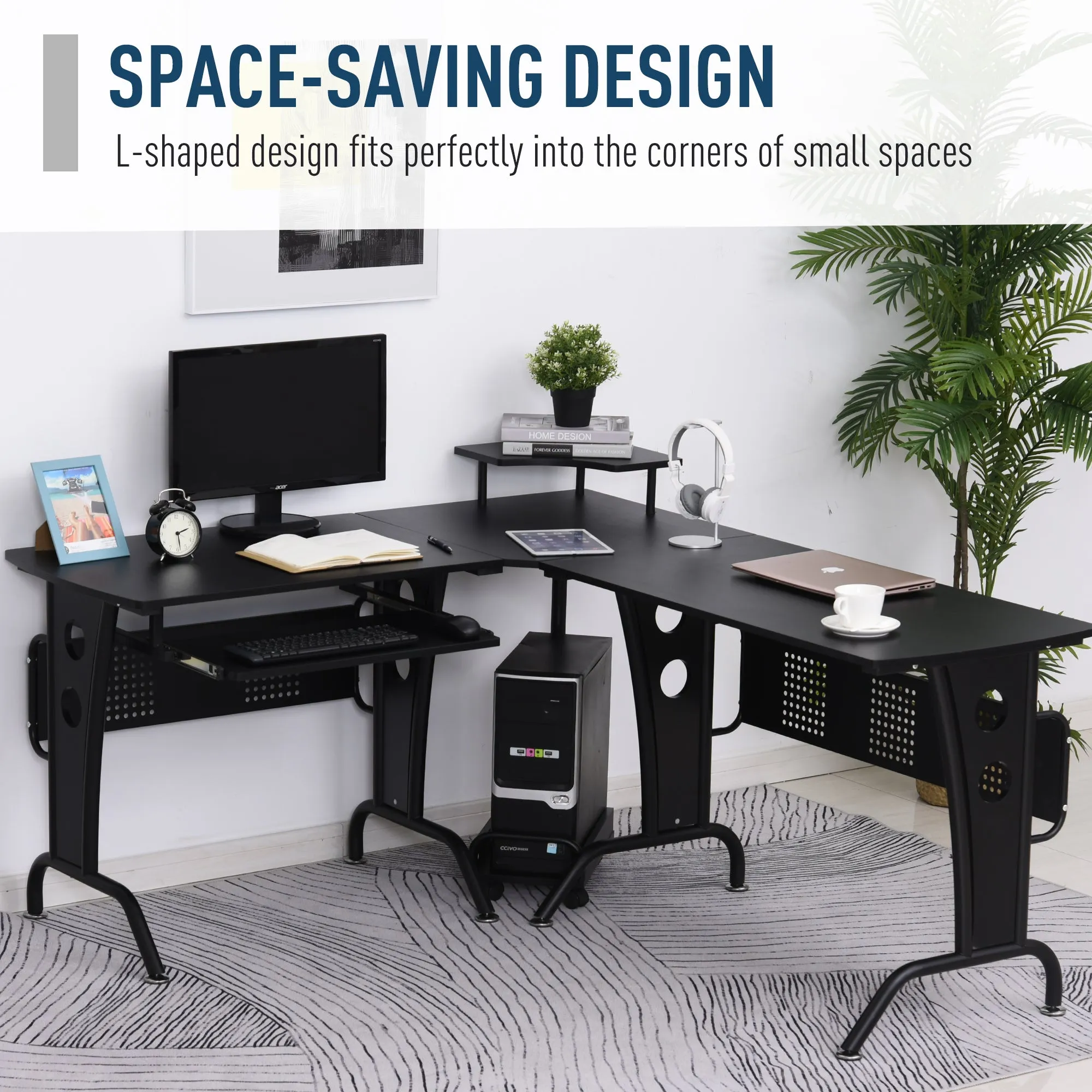 L-Shaped Corner Work Desk Gaming Office w/ Steel Frame CPU Rack Keyboard Tray Space-Saving Melamine Coating Computer Home Workstation Black