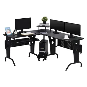 L-Shaped Corner Work Desk Gaming Office w/ Steel Frame CPU Rack Keyboard Tray Space-Saving Melamine Coating Computer Home Workstation Black