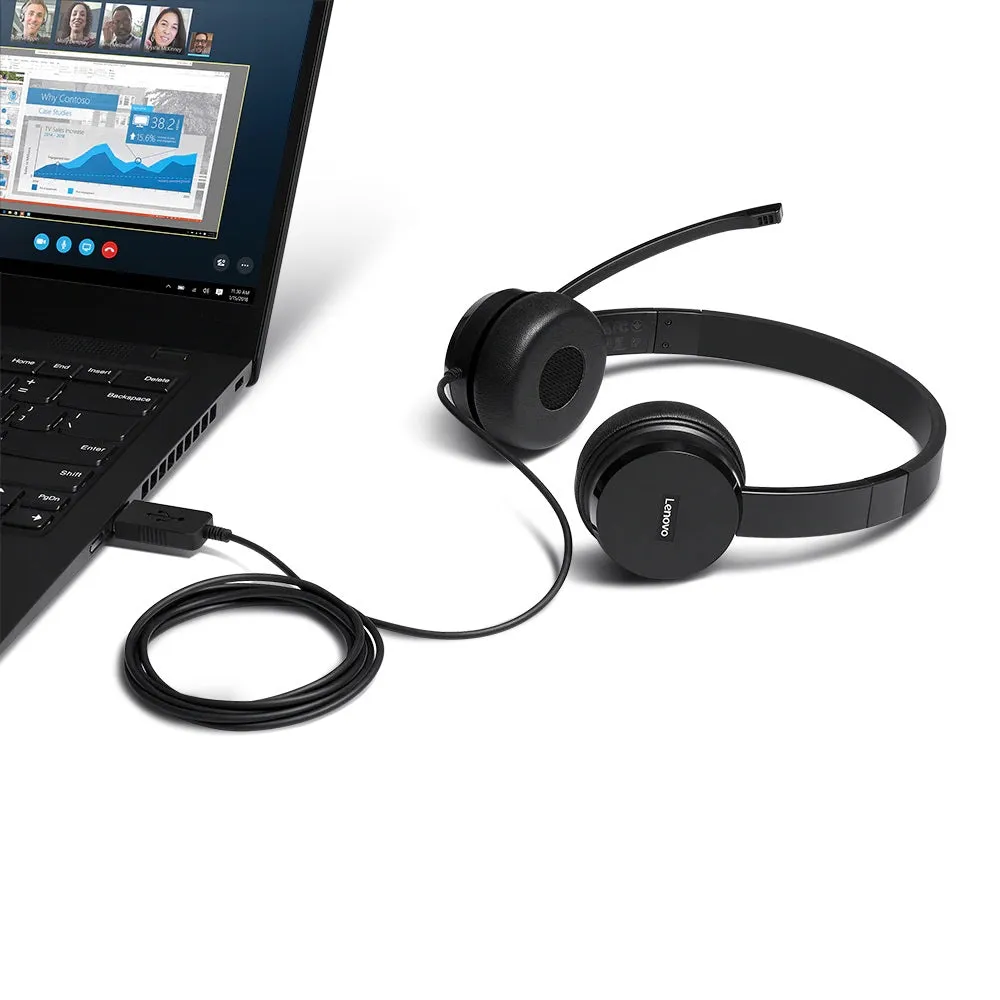 Lenovo 100 Stereo USB Headset, Wired, USB 2.0, On-ear Adjustable Headband- 4XD0X88524