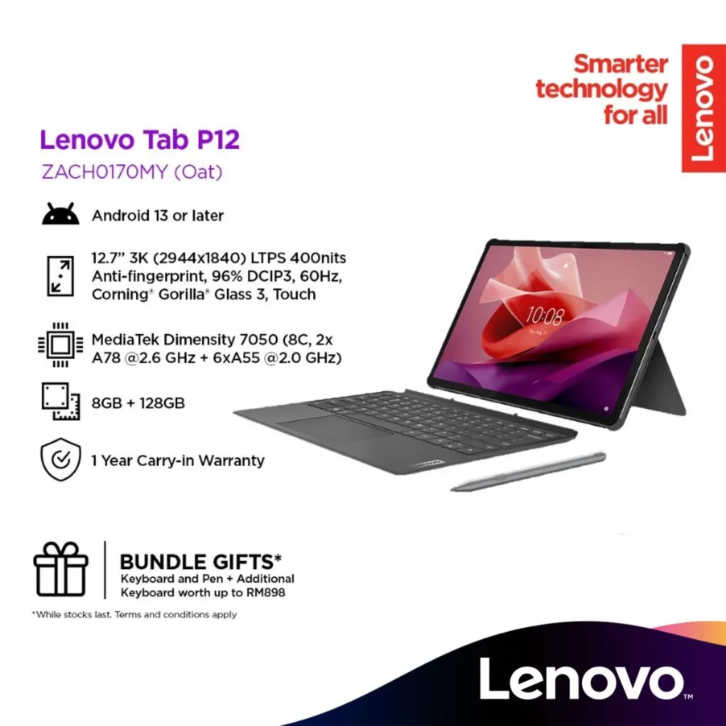 Lenovo Tab P12 TB370FU 12.7" 3K Tablet Wifi (Keyboard Pack   Tab Pen Plus) 8GB / 128GB ZACH0170MY