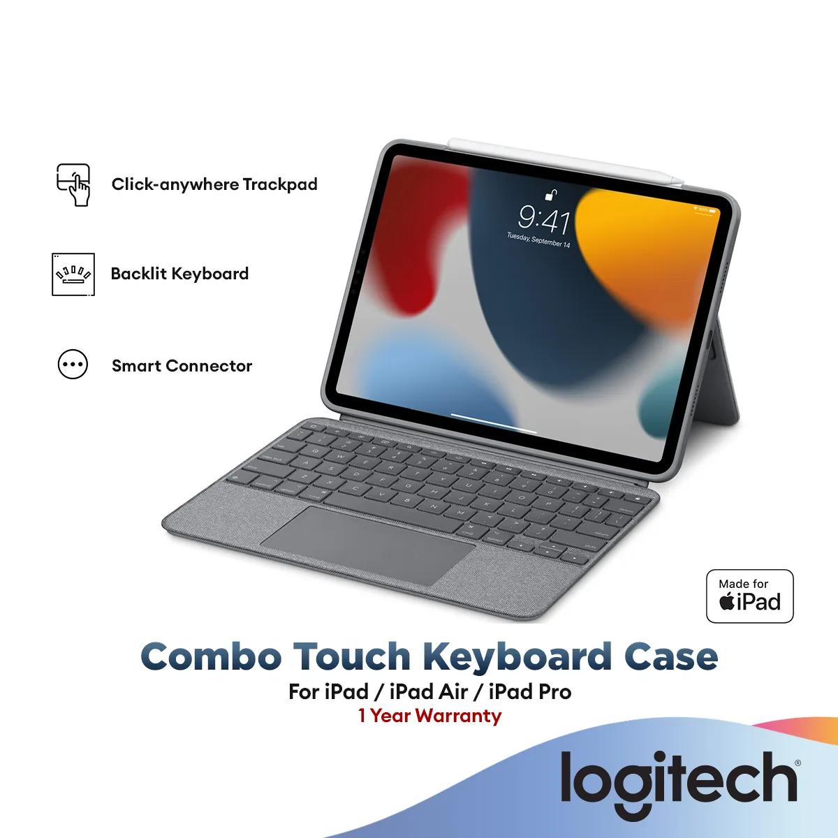 Logitech Combo Touch iPad 10.9", iPad Pro M4 11", iPad Pro 12.9'', iPad Air M2 11"/13" iPad Keyboard Case with Trackpad