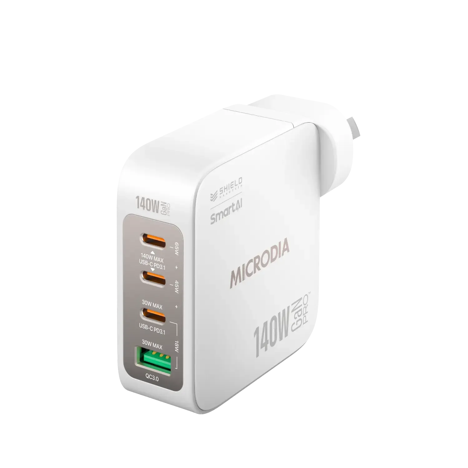 MICRODIA SMARTCube™ Nano 140W, GaN Pro Wall Charger, 4-Port, USB-C PD3.1   USB-A QC3.0