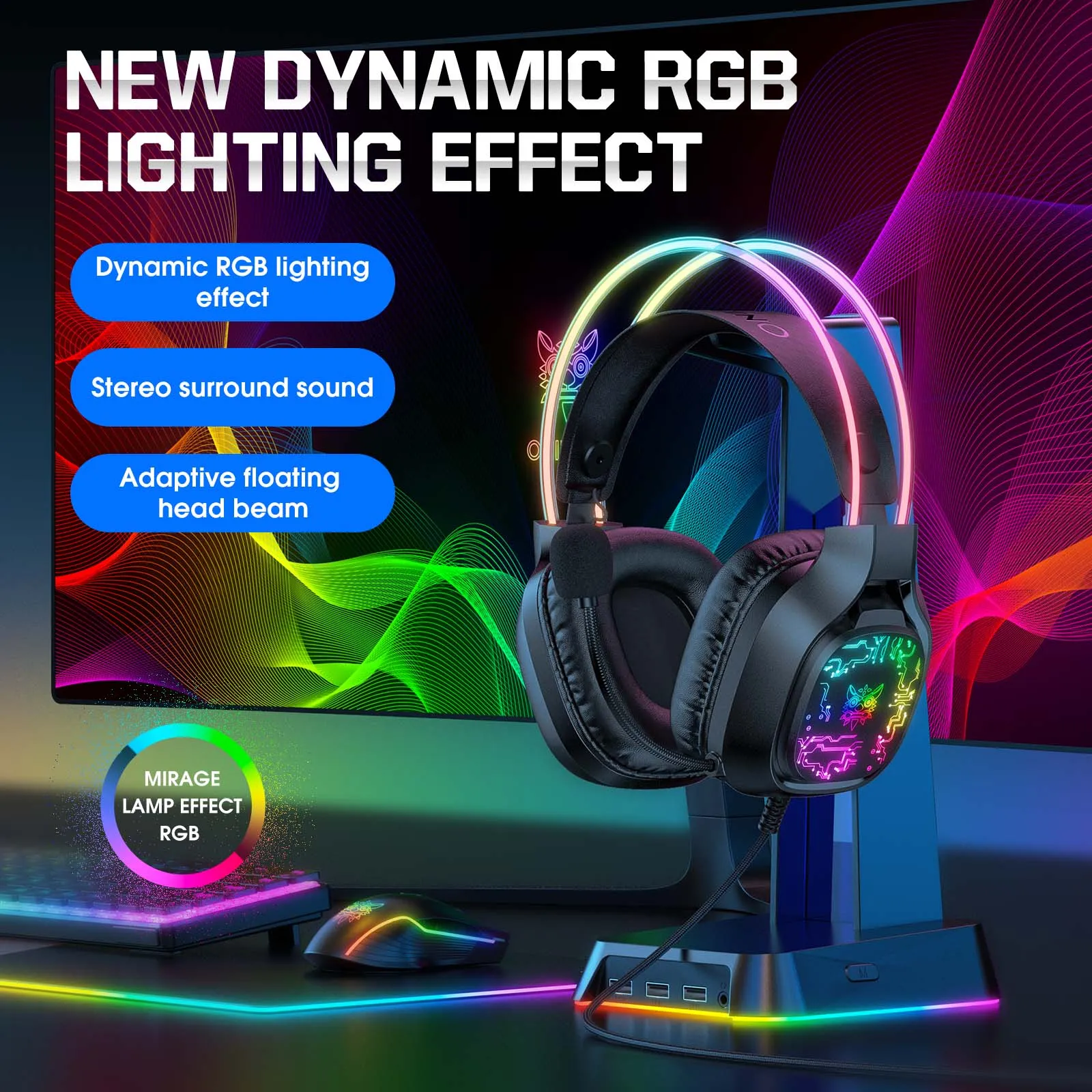 ONIKUMA X22 USB   3.5mm Cool RGB Dynamic Light Wired Gaming Headset with Mic, Cable 1.8m