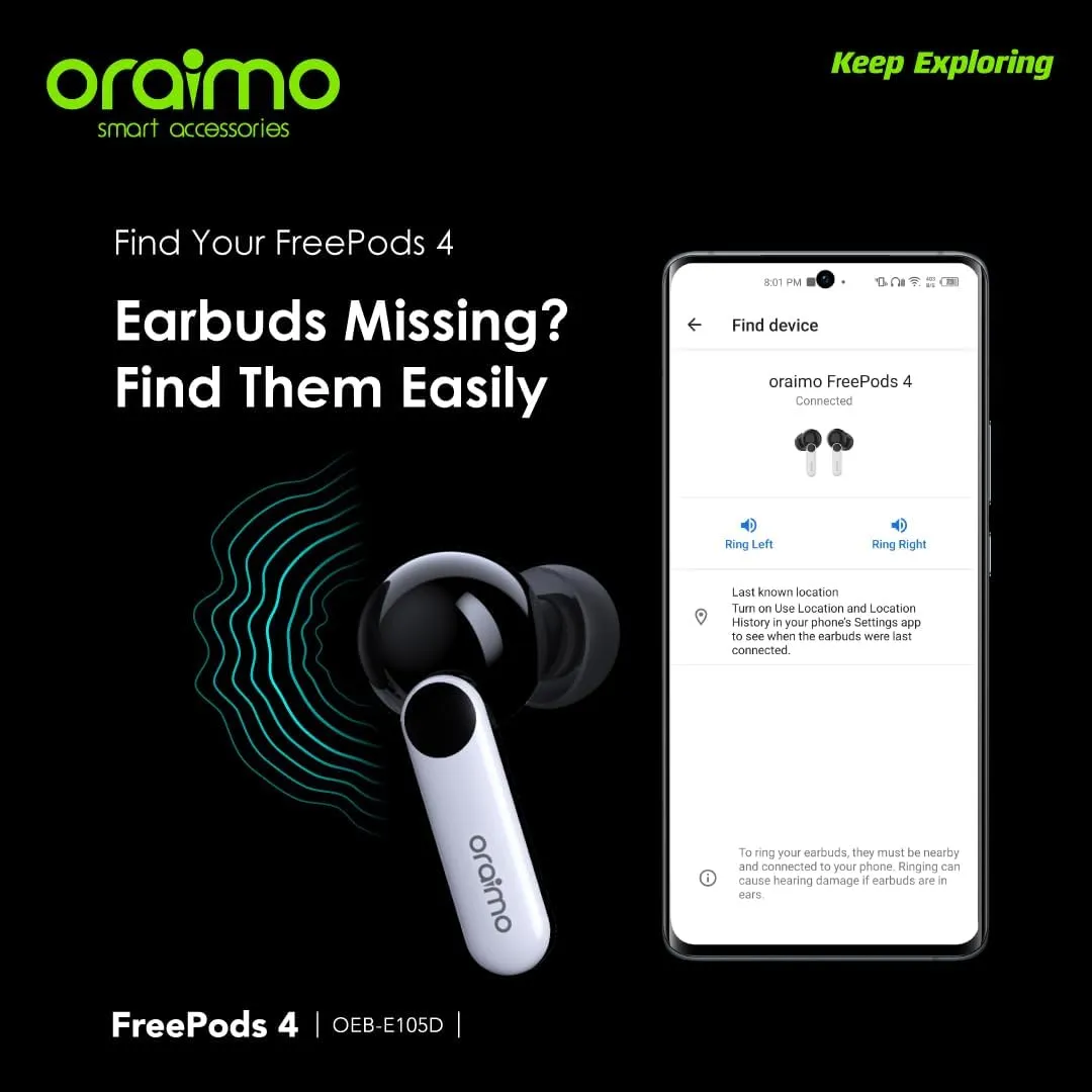 Oraimo Free pods 4 OEB-E105D Active Noise Cancellation IPX5 Waterproof - Sweat Protection   Customize Your Listening- Black - 12 Months Local warranty