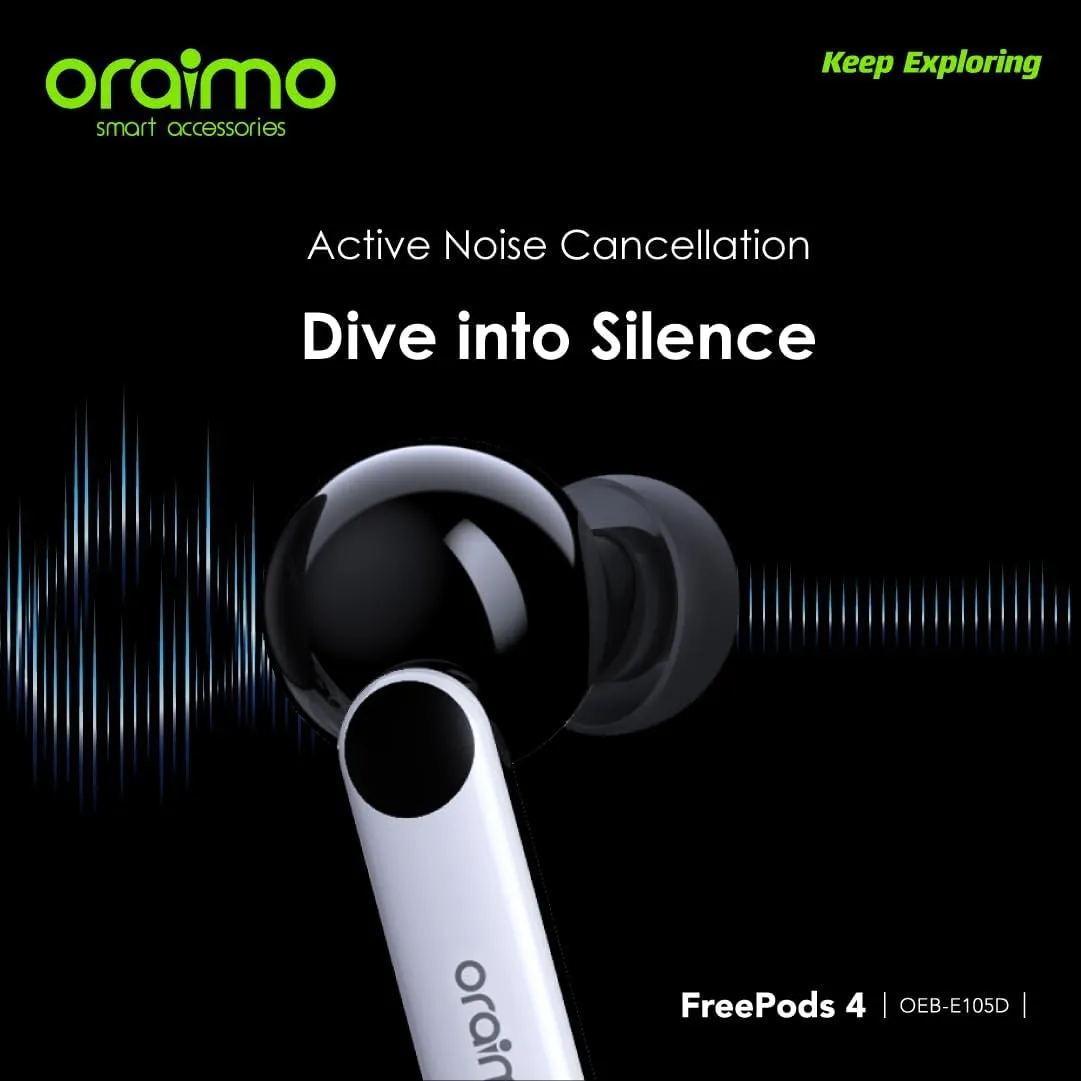 Oraimo Free pods 4 OEB-E105D Active Noise Cancellation IPX5 Waterproof - Sweat Protection   Customize Your Listening- Black - 12 Months Local warranty