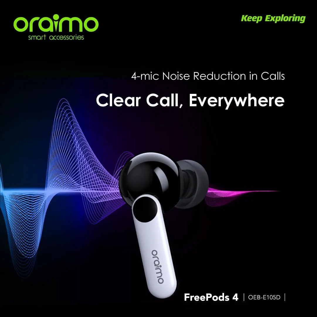 Oraimo Free pods 4 OEB-E105D Active Noise Cancellation IPX5 Waterproof - Sweat Protection   Customize Your Listening- Black - 12 Months Local warranty