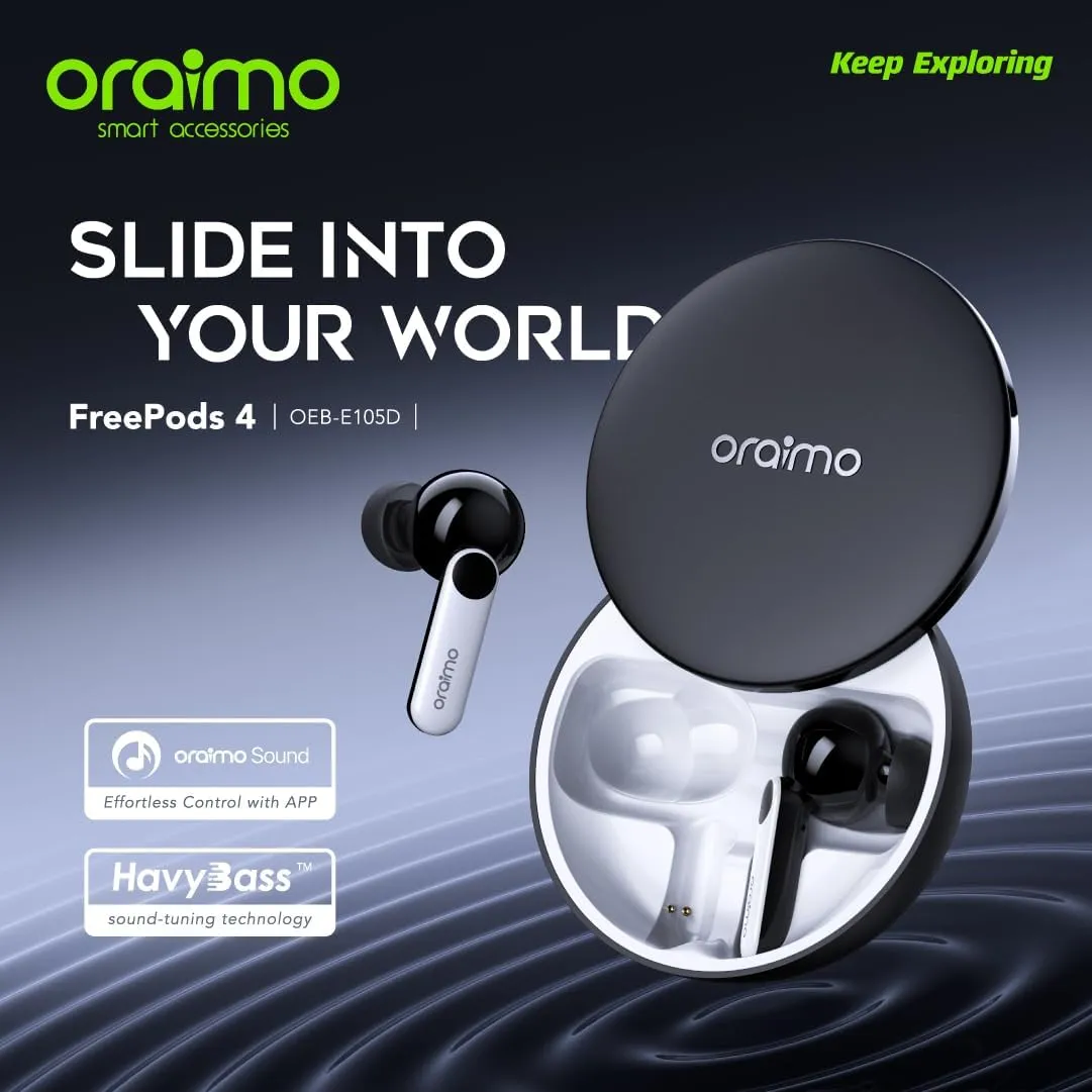 Oraimo Free pods 4 OEB-E105D Active Noise Cancellation IPX5 Waterproof - Sweat Protection   Customize Your Listening- Black - 12 Months Local warranty