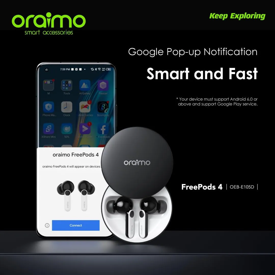 Oraimo Free pods 4 OEB-E105D Active Noise Cancellation IPX5 Waterproof - Sweat Protection   Customize Your Listening- Black - 12 Months Local warranty