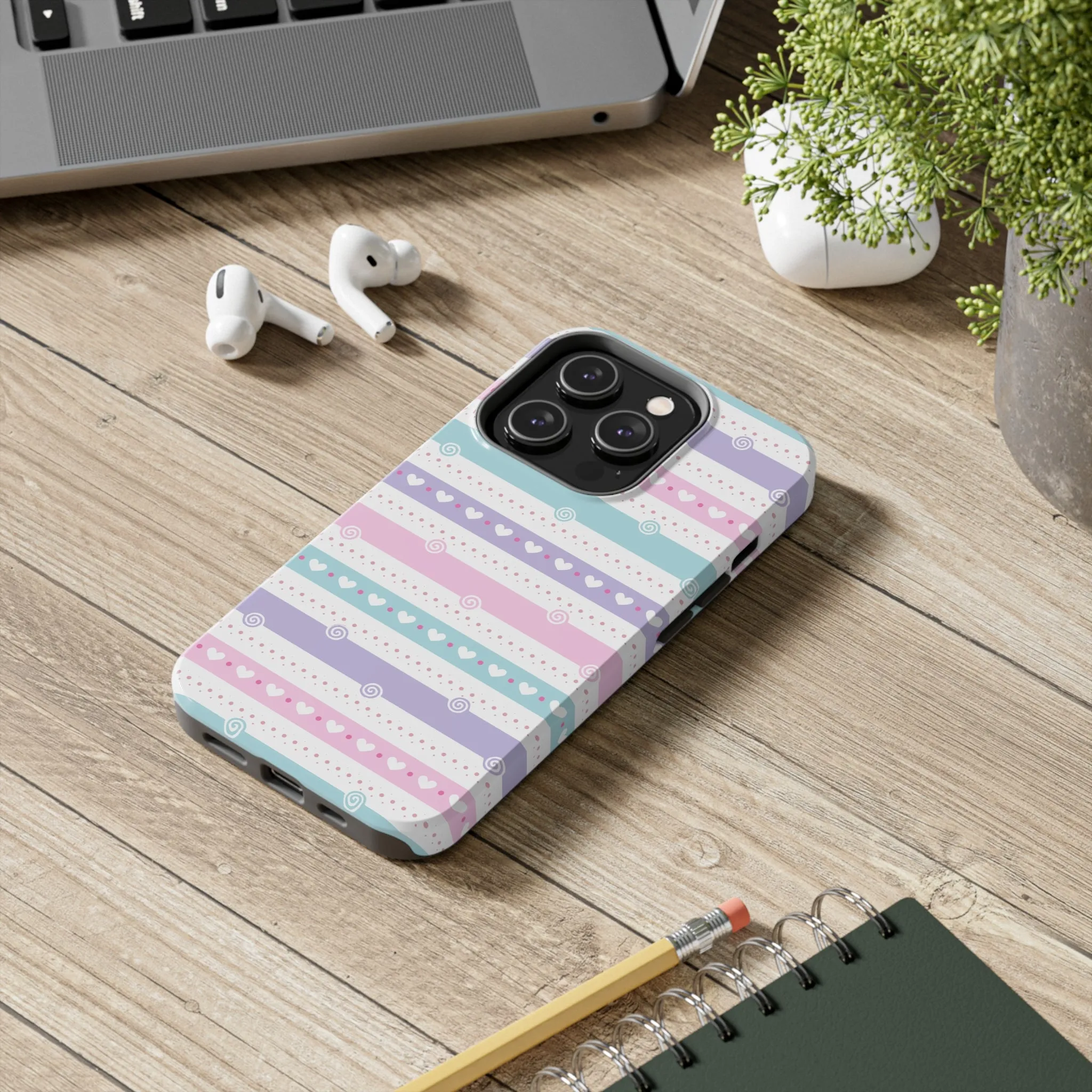 Pastel Stripes and Hearts print design Tough Phone Case compatible with a large variety of iphone models