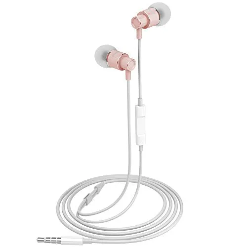 ROVKING Wired Metal In Ear Earbuds Headphones with Mic and Case Bass Stereo Noise Isolating Ear Buds Inear Earphones - Lightweight, Alluminum Alloy, iPhone Color, Inline Remote (Rose Gold)