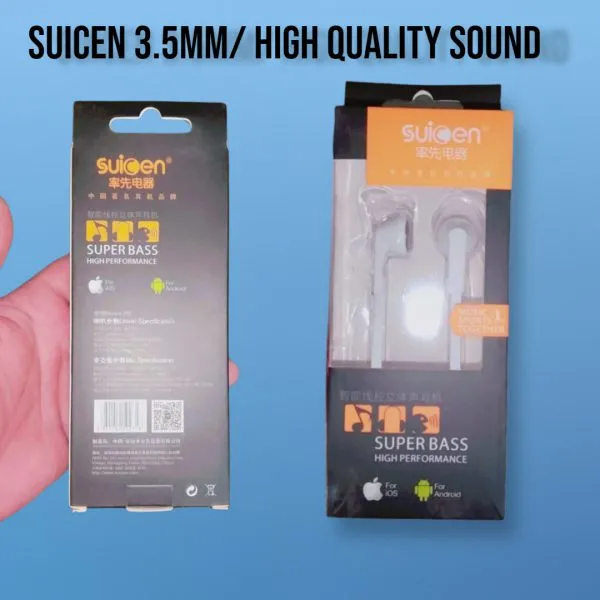 Suicen Branded Flat Wired Tangle-Free Hands-Free Earphones for Music & Sports - High-Quality Sound with Stylish White Design