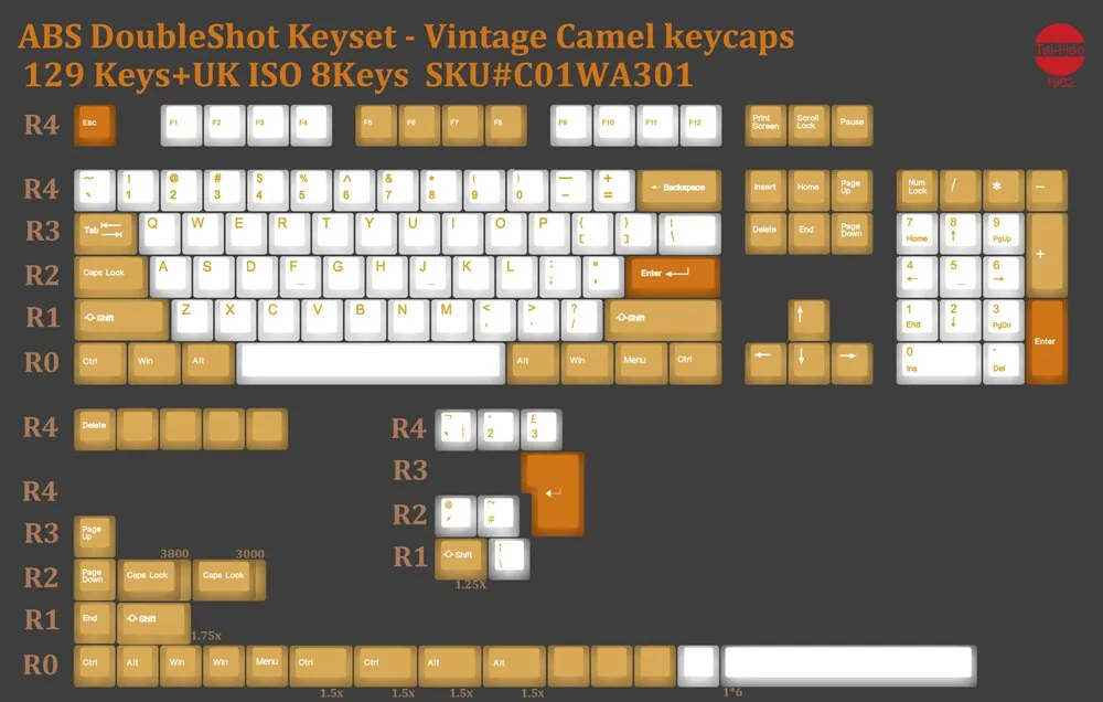 taihao Vintage Camel ABS double shot keycaps for diy gaming mechanical keyboard oem profile Beige Yellow ISO 1.75u shift