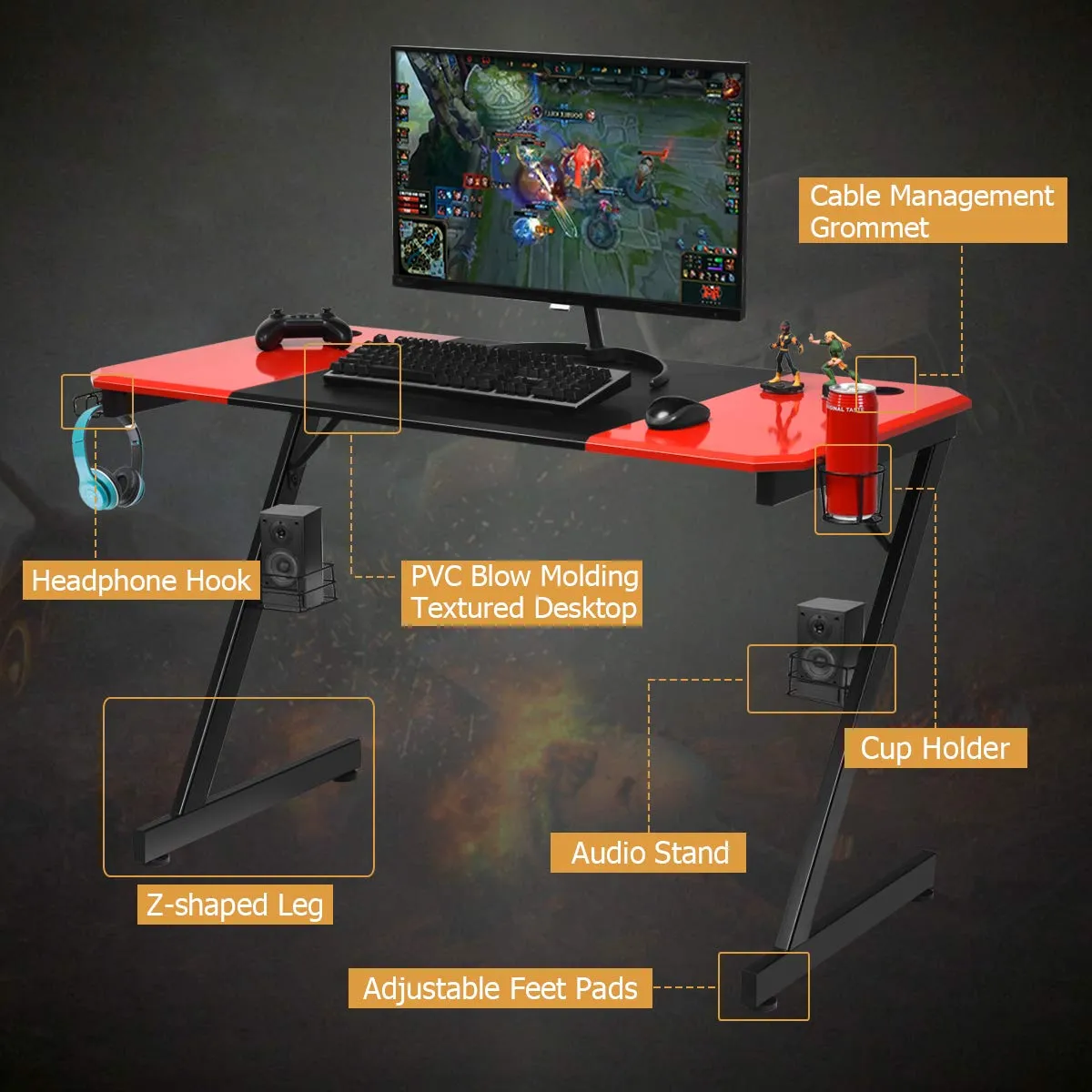 Tangkula Gaming Desk, Z-Shaped Computer Desk Professional Gamer Workstation with PVC Blow Molding Textured Surface