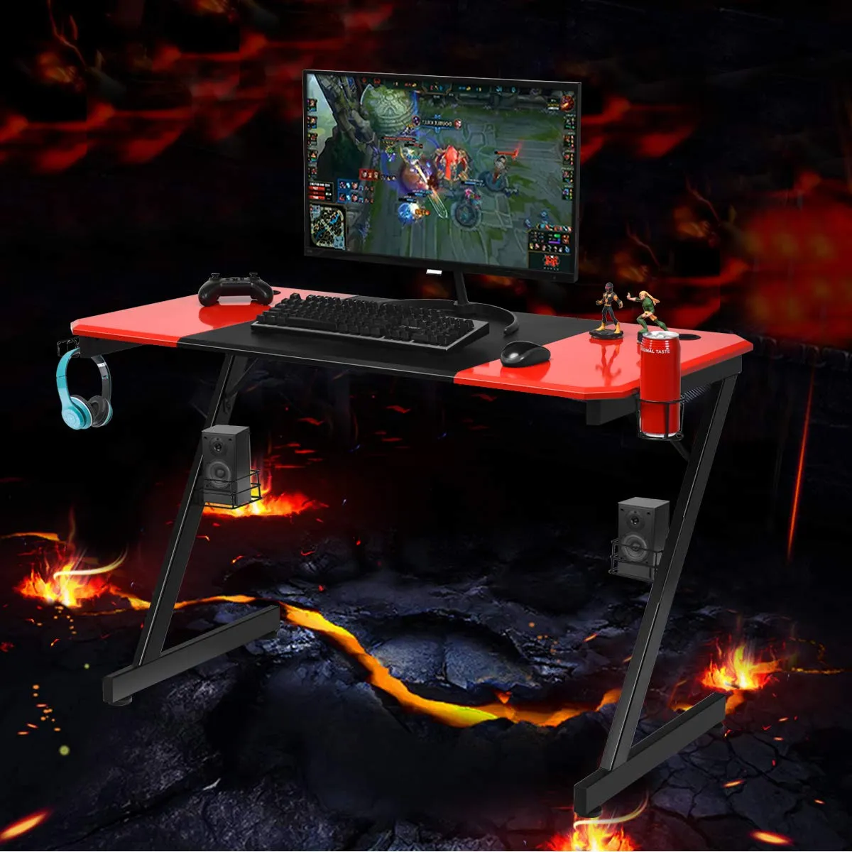 Tangkula Gaming Desk, Z-Shaped Computer Desk Professional Gamer Workstation with PVC Blow Molding Textured Surface