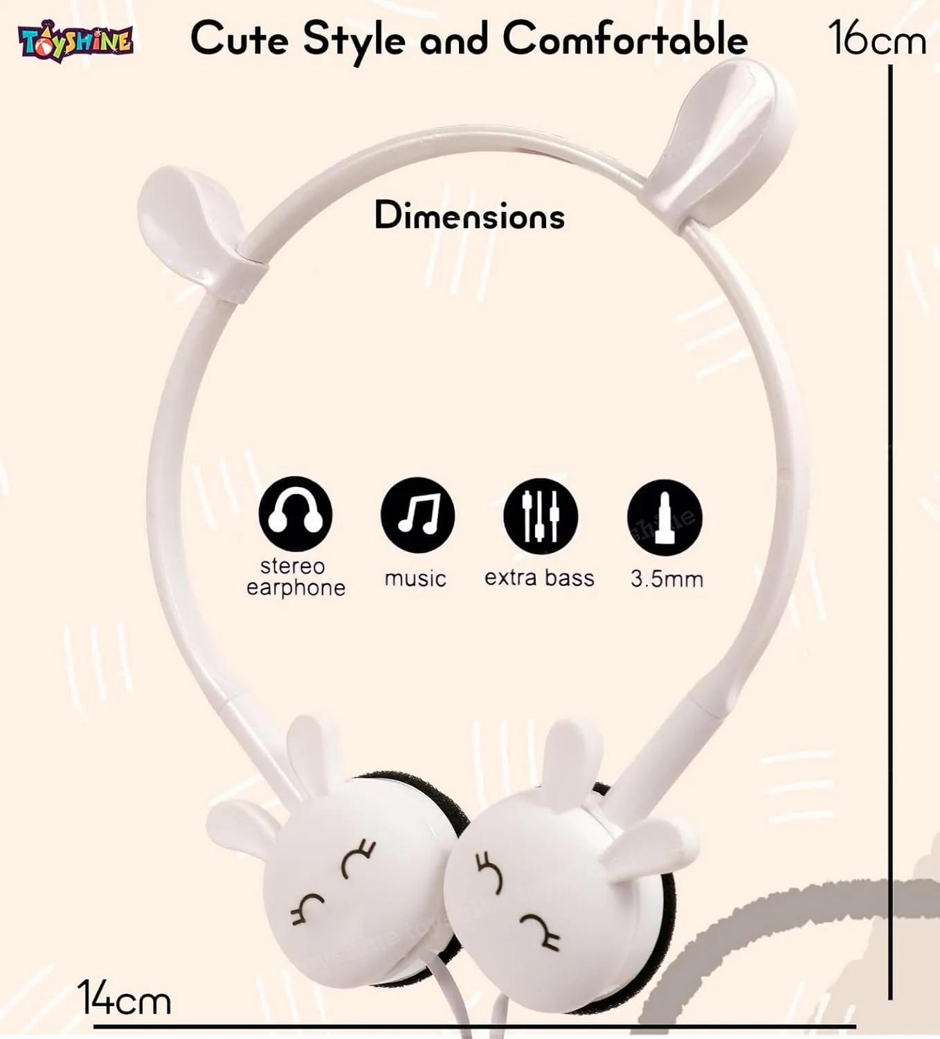 Toyshine Rabbit Design Headphone, Stereo with Mic Earphone, Stylish Headphones for Girls/Boys 3.5mm Jack On Ear Wired- White