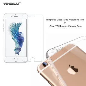 TPU Case Tempered Glass Film Set For iPhone 7 Soft Clear Slim Protective Camera Cover Back Cover iPhone7 Plus Screen Protect Set