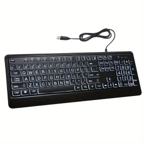 USB Multimedia Backlit Keyboard for Elderly, Large Print Keys, Easy to Read and Type, Ergonomic Design, Comfortable Non-Slip Texture, 104 Keys, 12 Multimedia Controls, Adjustable LED Backlight, Suitable for Vision Problems