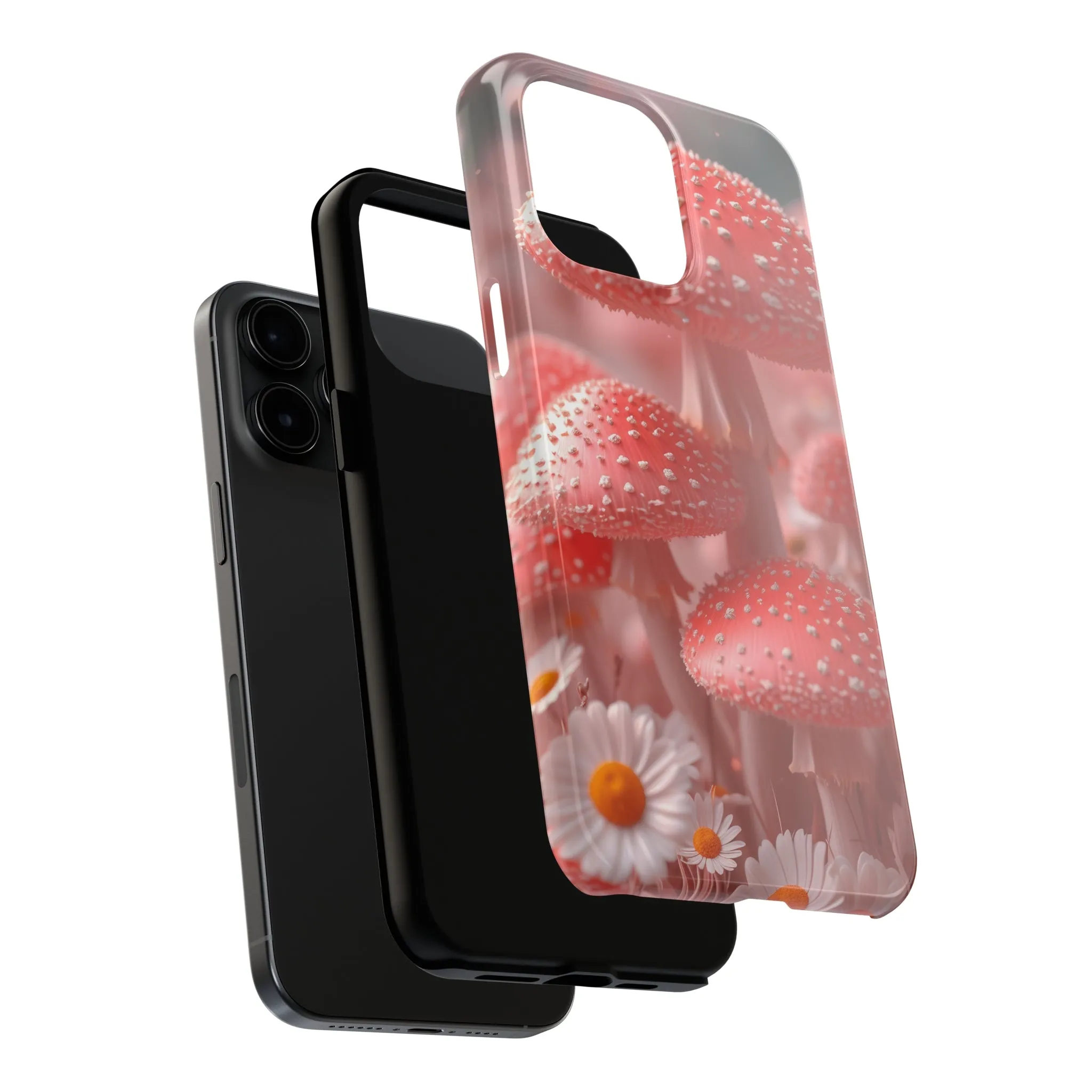 Whimsical Pink Mushrooms and Daisies Design Tough Phone Case compatible with a large variety of iPhone models, Gift, Phone Case