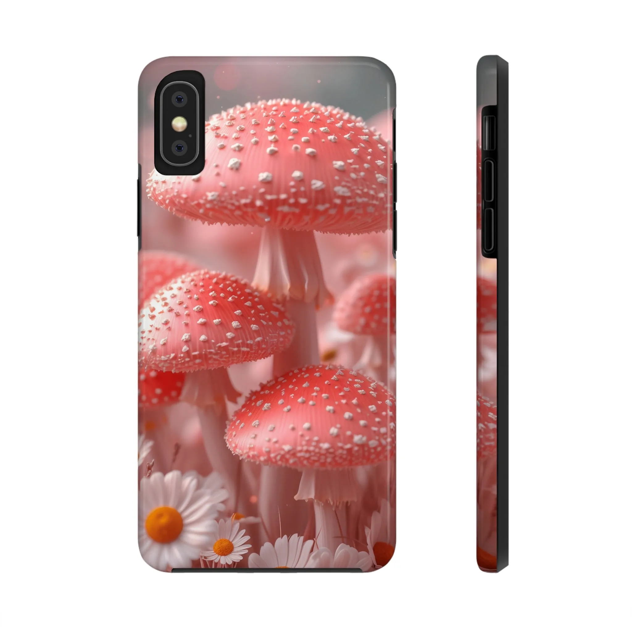 Whimsical Pink Mushrooms and Daisies Design Tough Phone Case compatible with a large variety of iPhone models, Gift, Phone Case