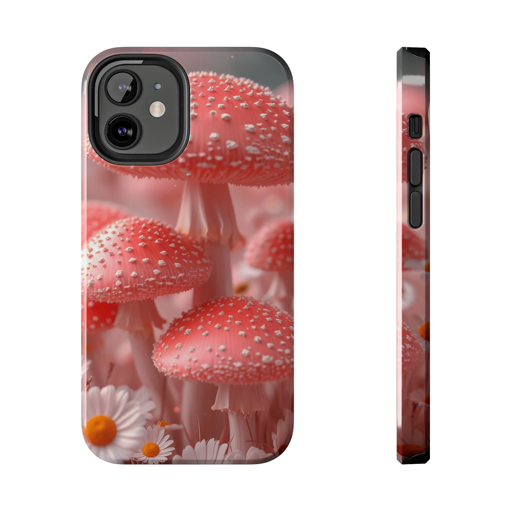 Whimsical Pink Mushrooms and Daisies Design Tough Phone Case compatible with a large variety of iPhone models, Gift, Phone Case