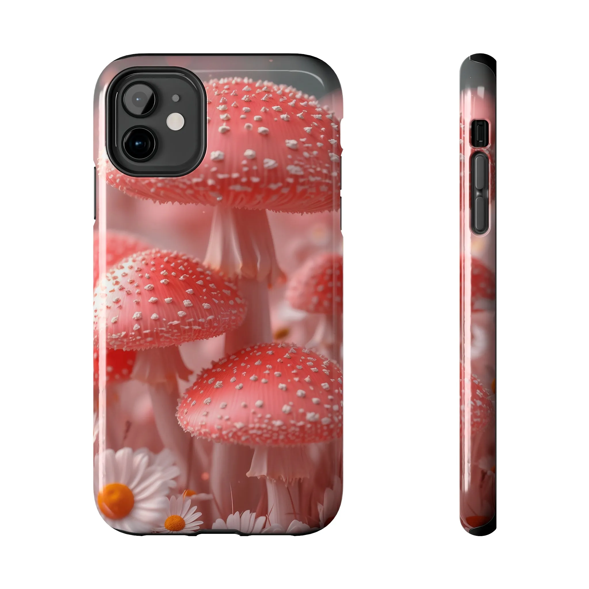 Whimsical Pink Mushrooms and Daisies Design Tough Phone Case compatible with a large variety of iPhone models, Gift, Phone Case