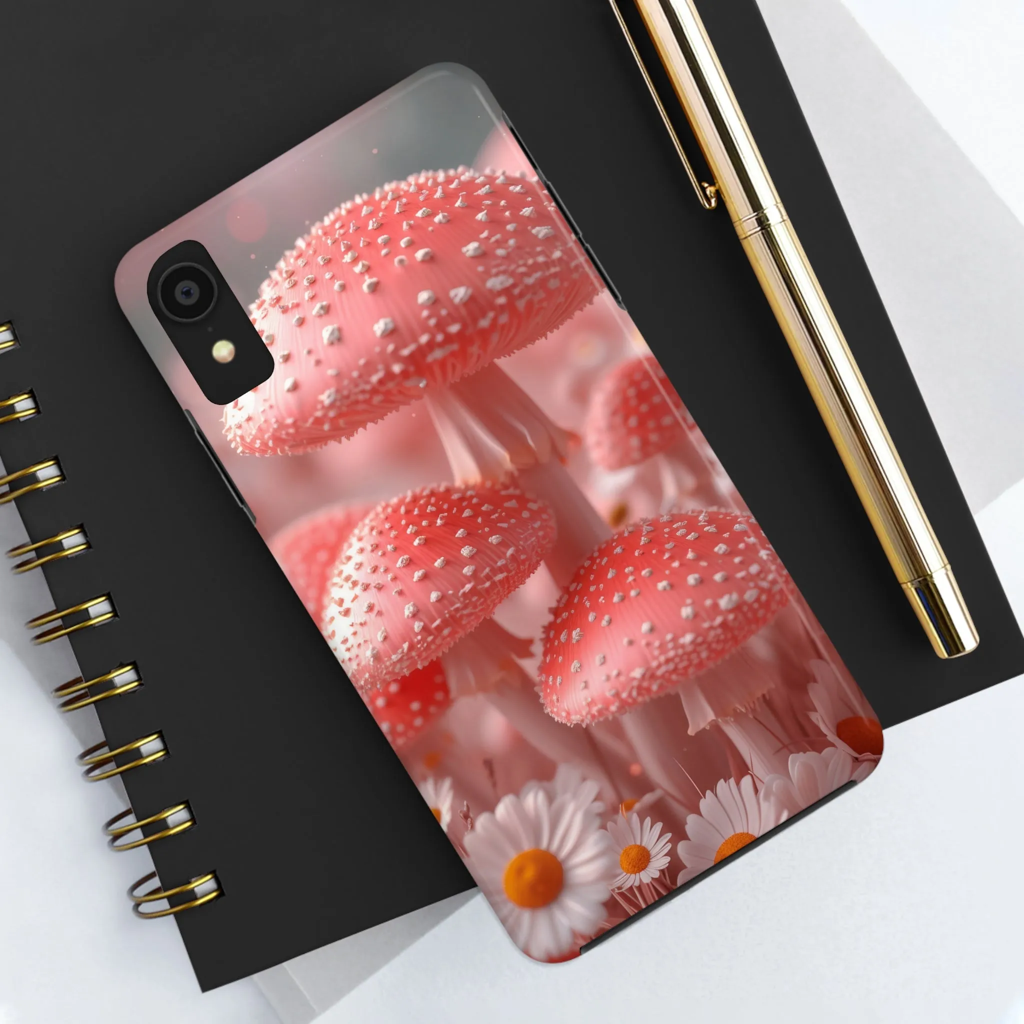 Whimsical Pink Mushrooms and Daisies Design Tough Phone Case compatible with a large variety of iPhone models, Gift, Phone Case