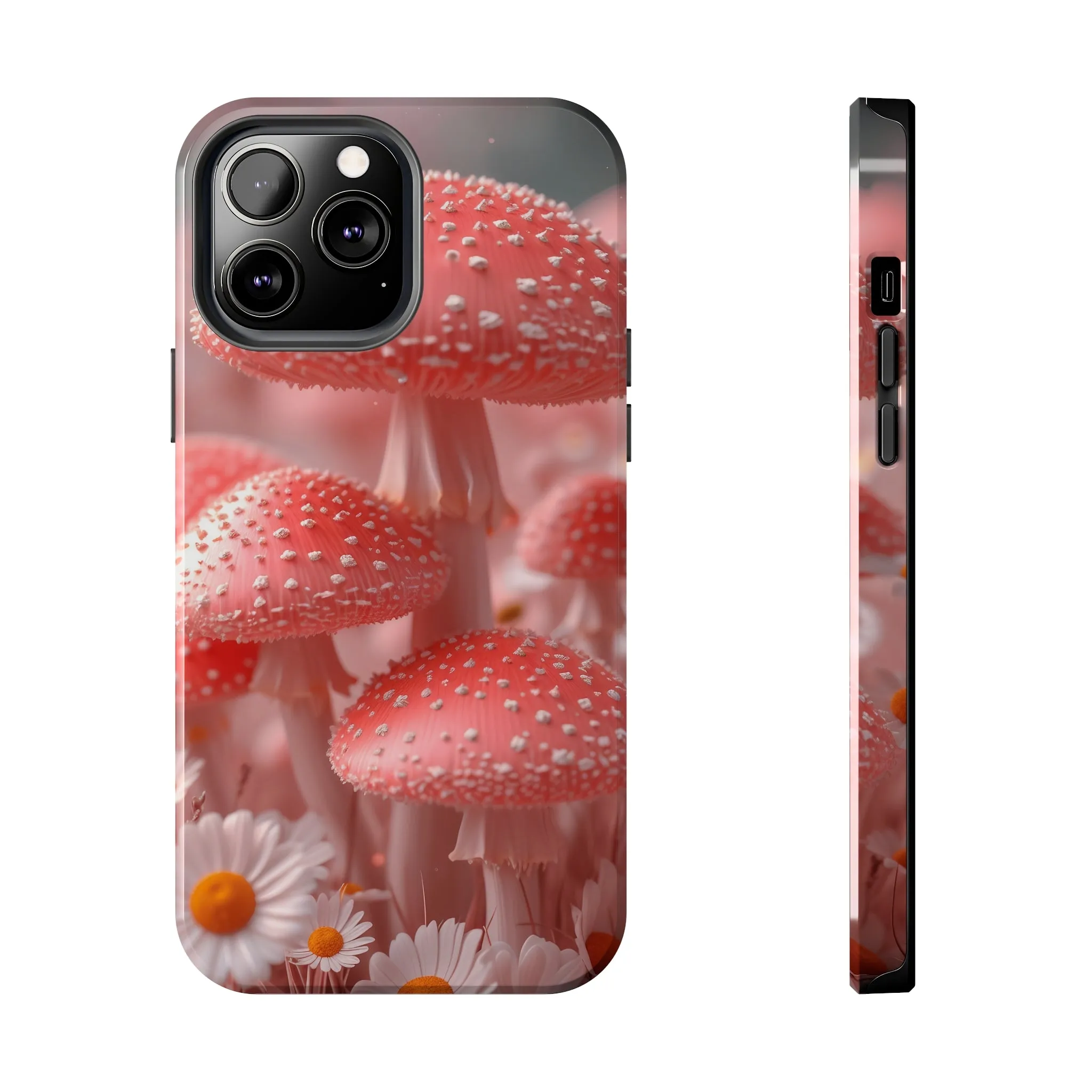 Whimsical Pink Mushrooms and Daisies Design Tough Phone Case compatible with a large variety of iPhone models, Gift, Phone Case