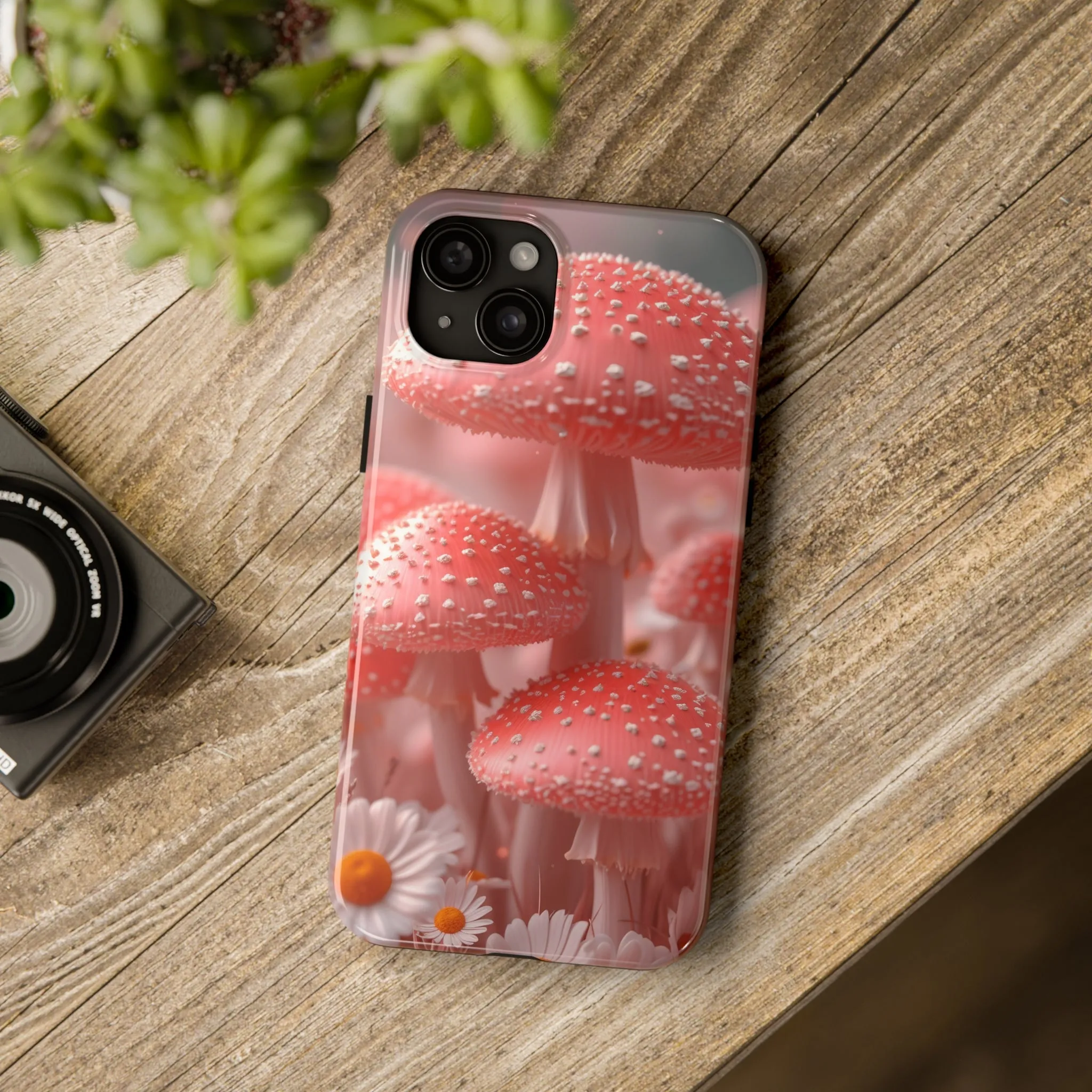 Whimsical Pink Mushrooms and Daisies Design Tough Phone Case compatible with a large variety of iPhone models, Gift, Phone Case