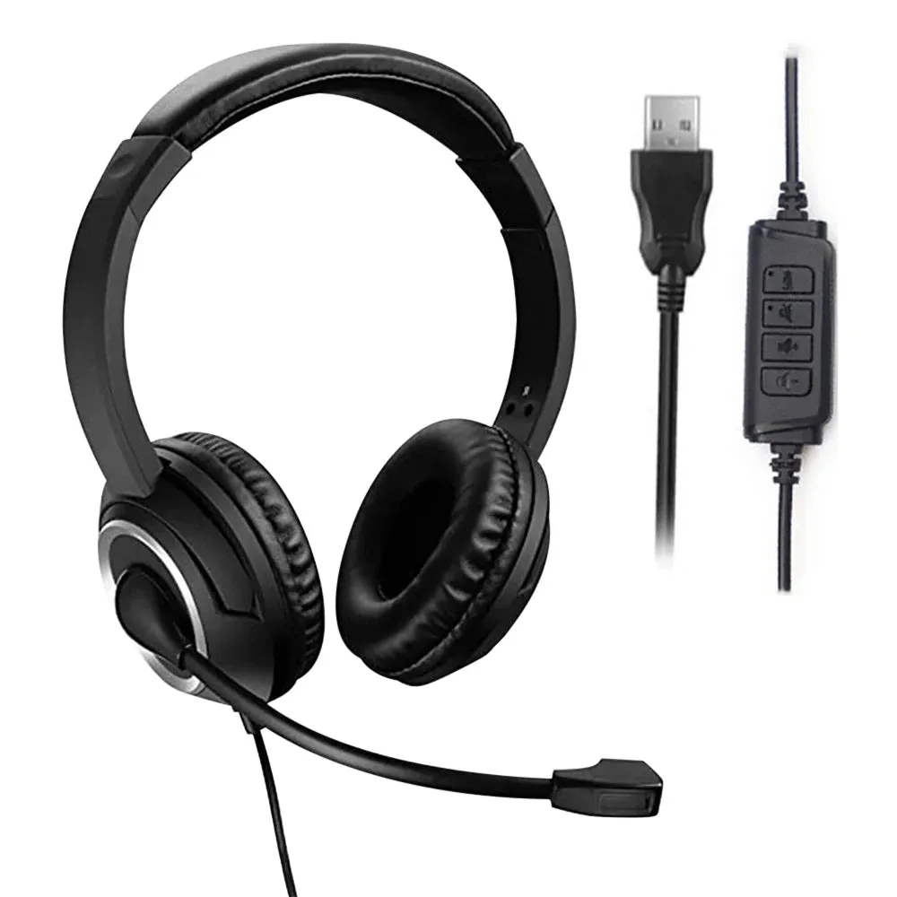 Wired USB Headset Call Center Headphones with Microphone Noise Cancelling Over Gaming Over-Ear Headsets for Computer PC Laptop